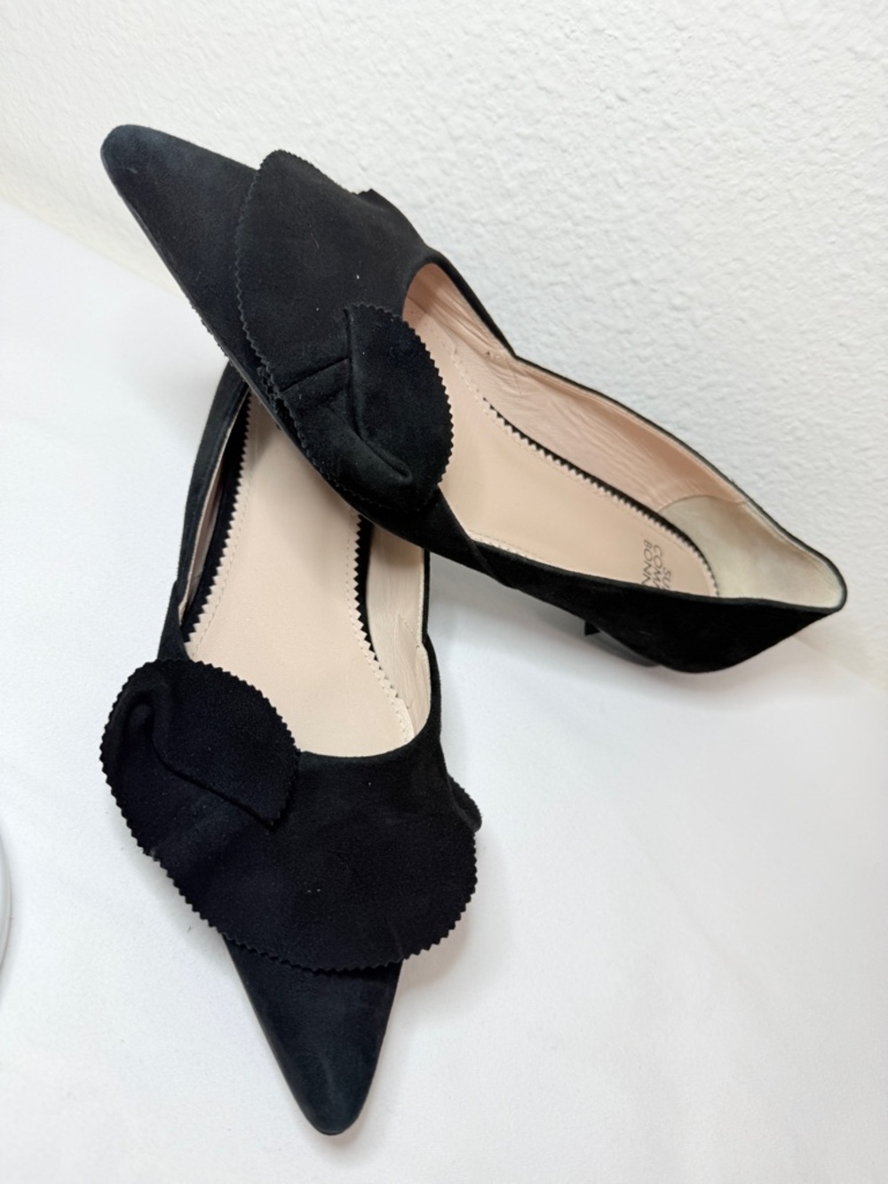 Suecomma Bonnie Black Suede Pointed Toe Flats Bow Detail EU 37.5